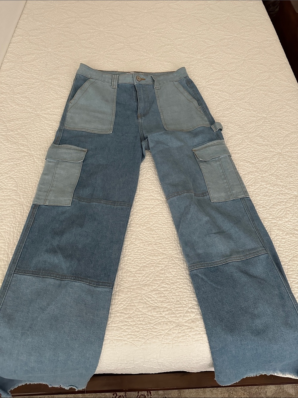 NWOT Flying Angel  Y2K-style Two-Tone Patchwork Denim Cargo Jeans